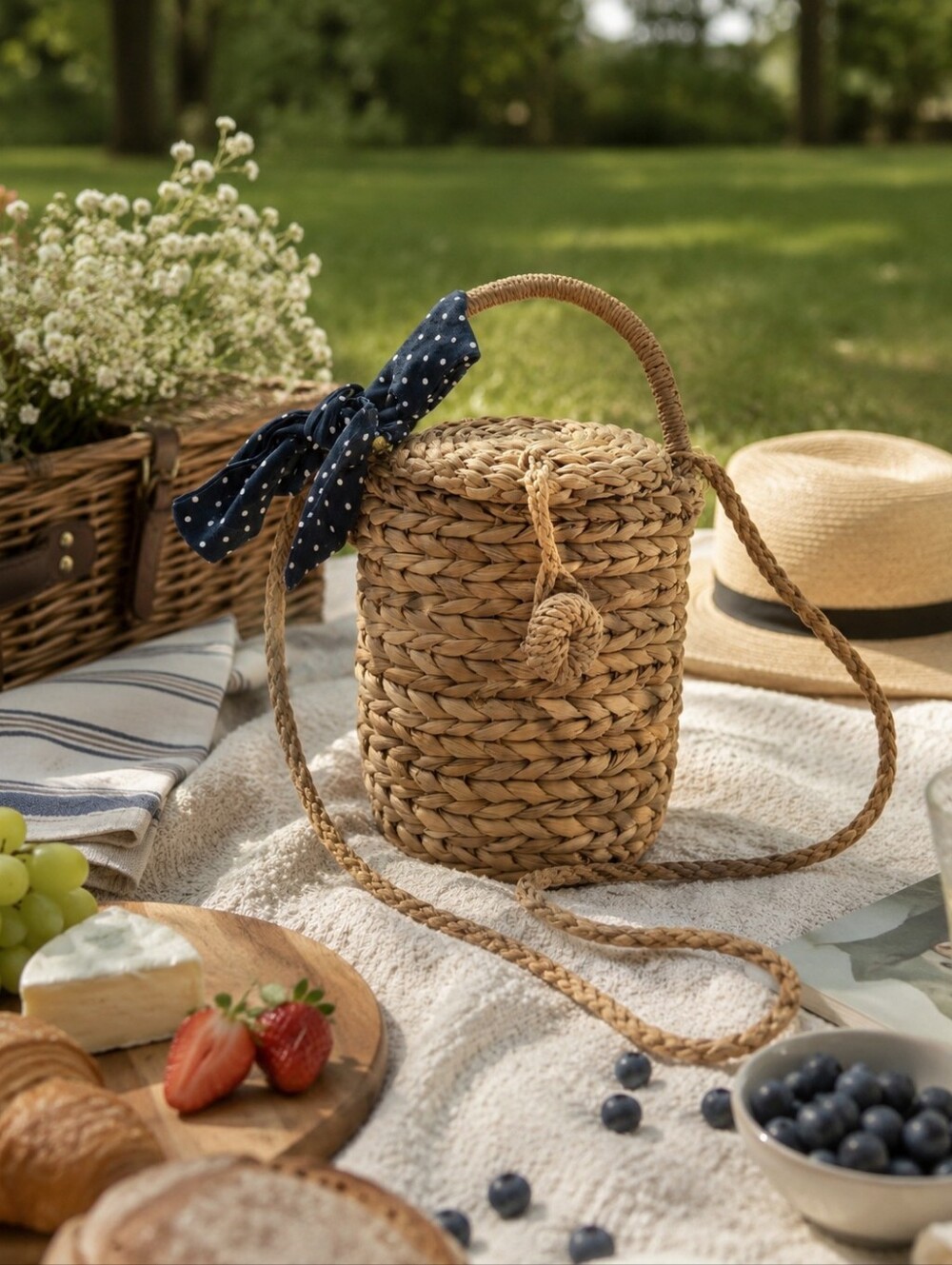 Zara Girls Straw Picnic Polka Dot Bow Summer Romantic Boho Festival Bucket Bag